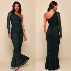 Lulus Flawless Passion Emerald Green Ruched One-Shoulder Maxi Dress S Wedding